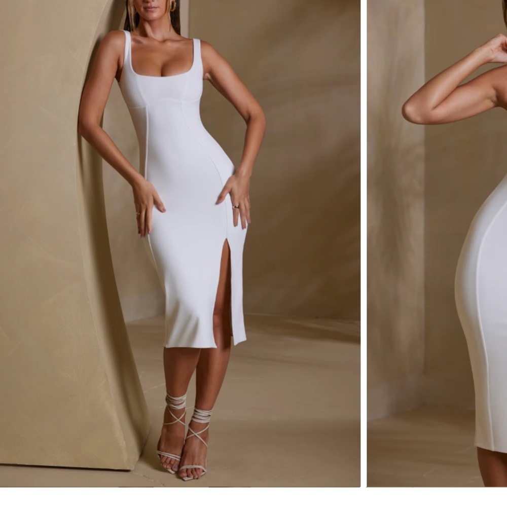 Oh Polly White Keyana Midi Square Neck Dress